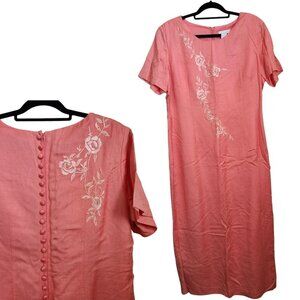 Vintage Coral Pink Maxi Dress Sz 18 Linen Floral Embroidery Short Sleeves Modest